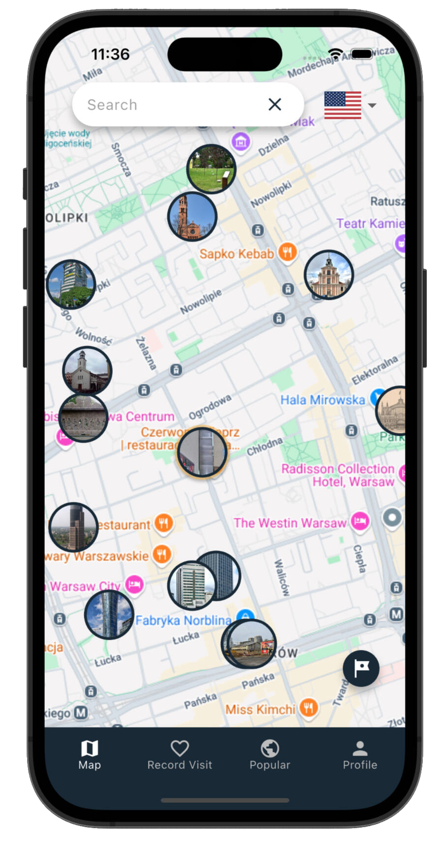 Journey Pal map view showing nearby locations