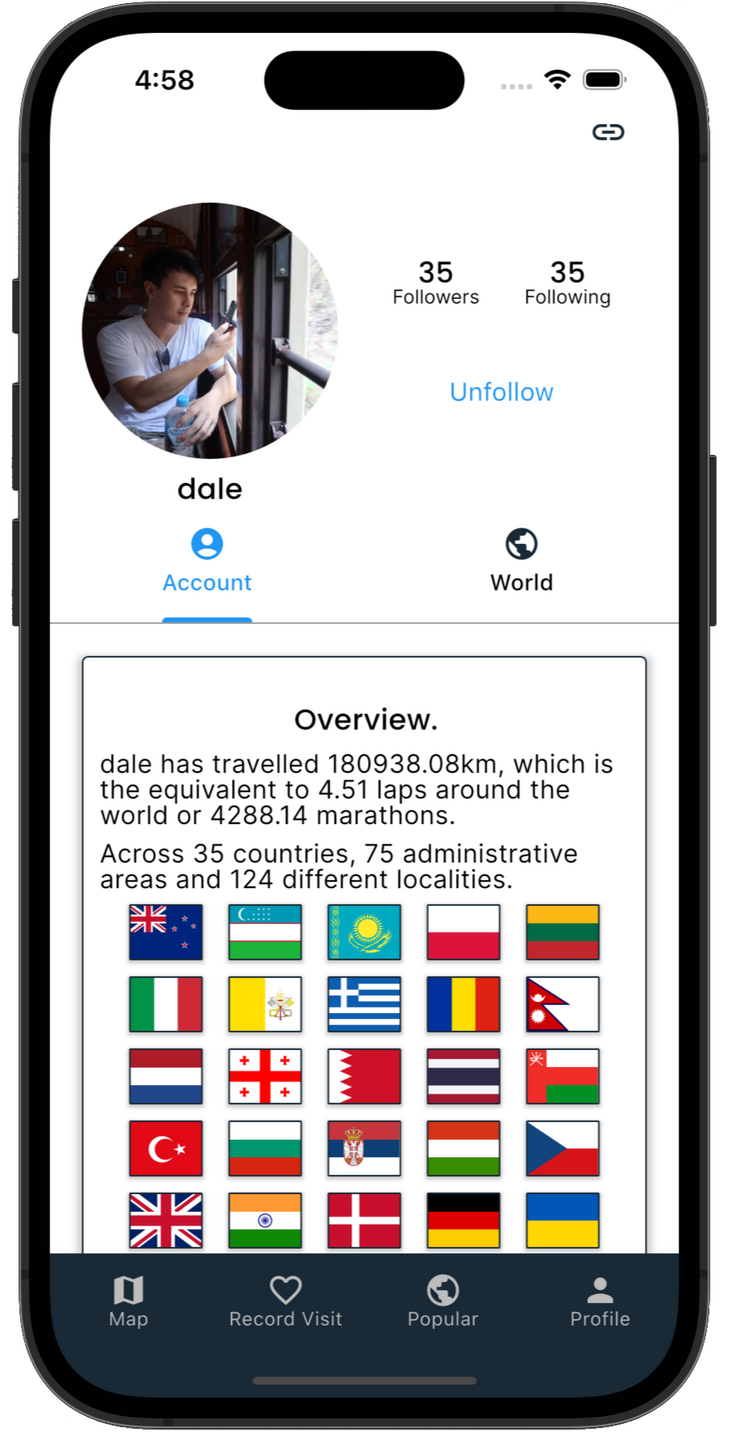 Journey Pal traveller profile showing visited locations