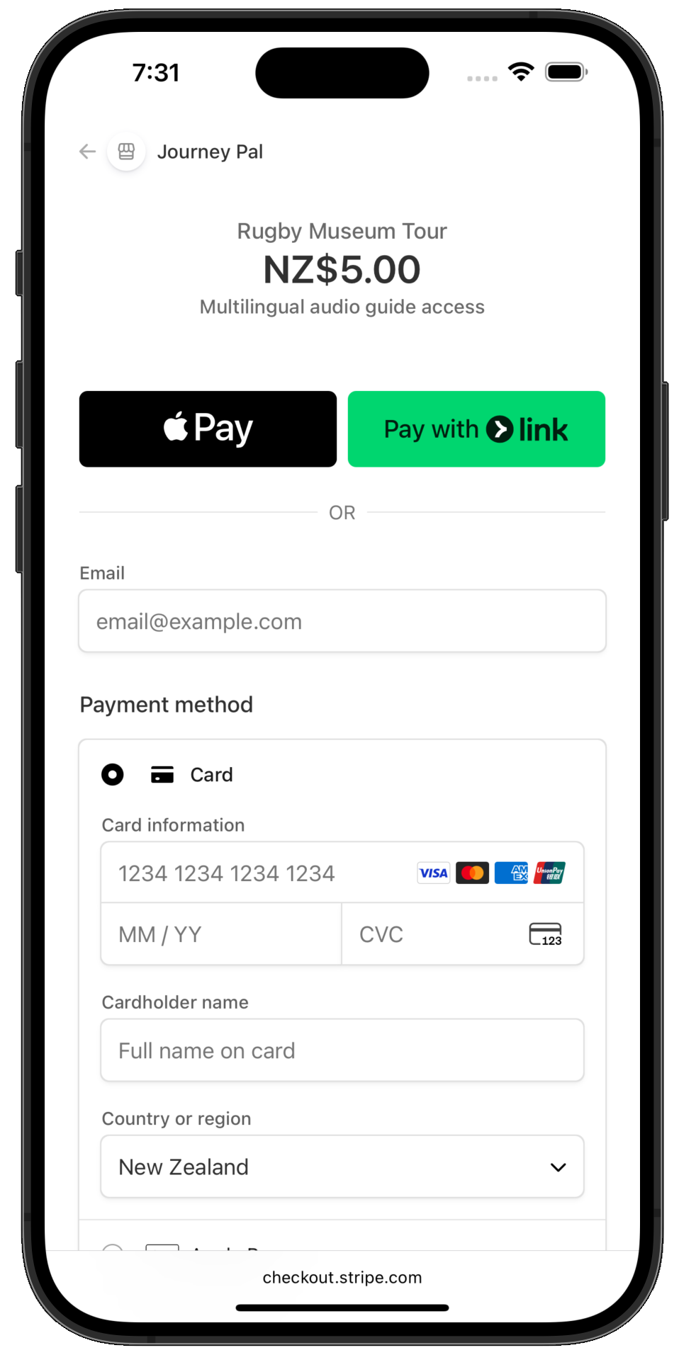 Journey Pal payment screen